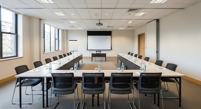 Conference room setup with u shaped table arrangement and projector screen in a bright space ai genrated