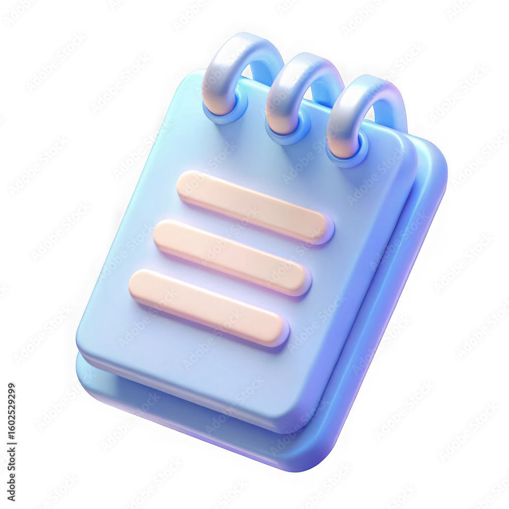Poster 3d rendered light blue notebook with three lined pages isolated on transparent background