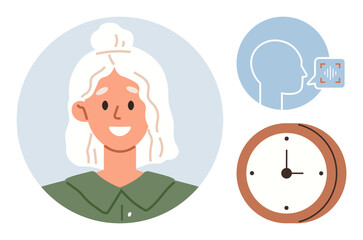 Smiling woman portrait, speech recognition profile, and analog clock highlight effective communication, technology, and time efficiency. Ideal for technology, productivity, education, teamwork AI