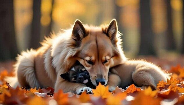 Keeshond nuzzling close to its puppy