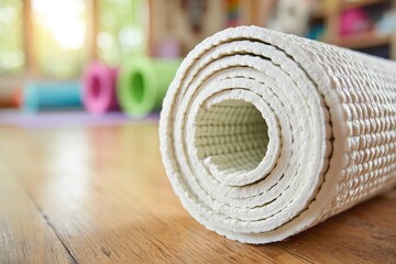 Rolled yoga mat on a wooden floor, with blurred mats in the background