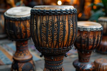 A close-up of a djembe drum, with its detailed carvings and textured skin shining under ambient lighting. -