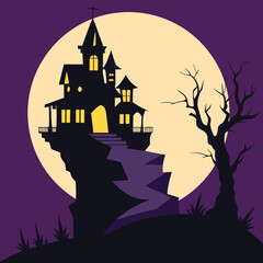 Haunted House on Cliff with Full Moon and Spooky Tree Silhouette
