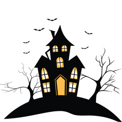 Haunted House Silhouette with Bats and Bare Trees on White Background
