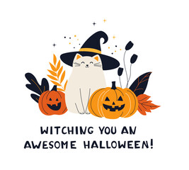 Cute Halloween Cat with Witch Hat and Pumpkins Cozy Fall Greeting Card