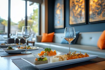Interior design of a modern apartment featuring a light blue leather sofa against a dark blue wall, offering a stylish and modern living space. Created with, Generative AI