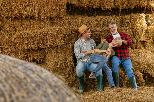 Three generations of men having fun sitting on hay bales