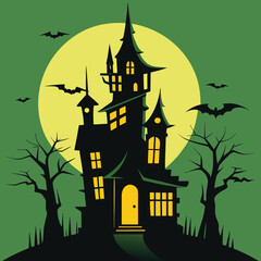 Haunted House with Bats and Full Moon on Green Background
