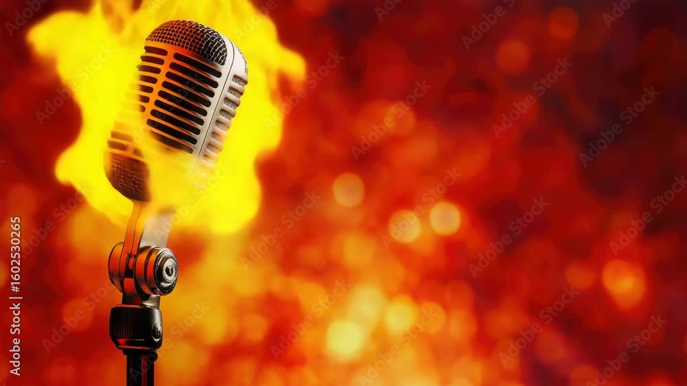 Poster vocal microphone set in front of fire, creating a dramatic and intense performance atmosphere.