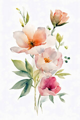 Obraz premium Delicate watercolor floral bouquet with pastel petals and green leaves, isolated on white