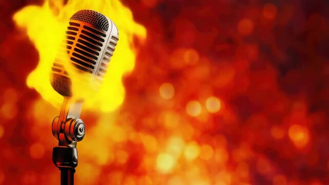 Vocal microphone set in front of fire, creating a dramatic and intense performance atmosphere.