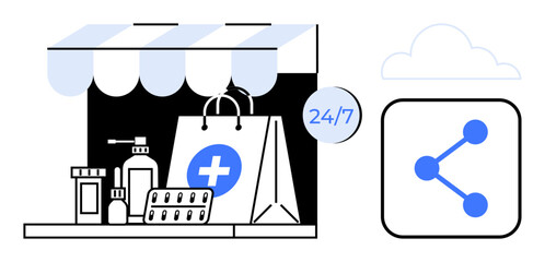 Pharmacy storefront with medical essentials, pill bottle, shopping bag, 247 sign, share icon, and cloud. Ideal for healthcare, e-commerce, telemedicine medication tracking online shopping retail