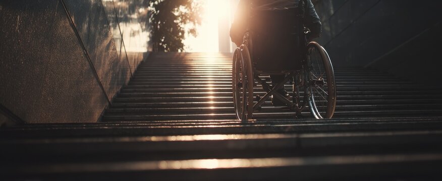 Overcoming obstacles a wheelchair ascends a long staircase toward bright sunlight symbolizing resilience and determination in the face of adversity.