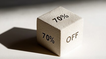 Cube with 70% OFF promo text on textured stone