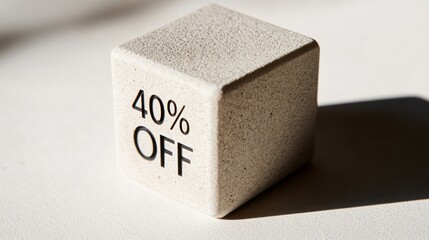 Promo cube with 40% OFF engraved in bold letters