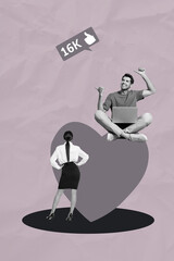 Poster photo vertical collage of two happy girl guy stand heart postcard valentine day celebration...