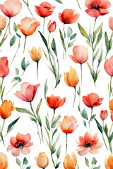 Watercolor floral pattern with spring flowers on white background