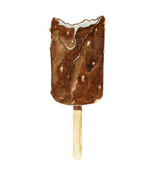 Watercolor chocolate ice cream on a stick isolated on white background. Summer cold dessert.