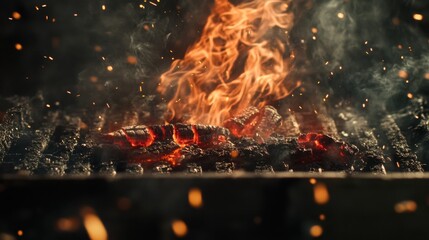 Flaming BBQ grill with glowing charcoal and smoke