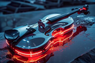 A sleek electric violin resting on a stage, with its futuristic design and glowing strings catching the light