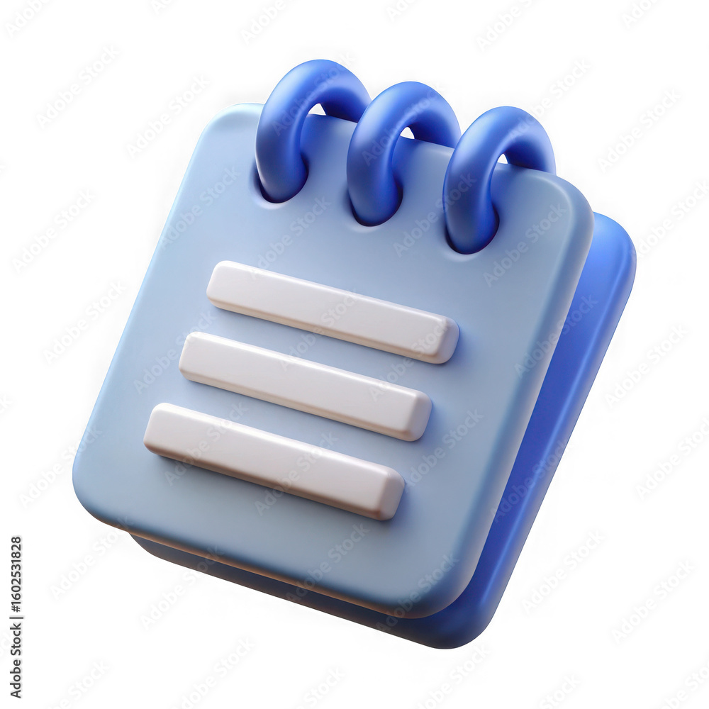 Poster 3d rendered blue notepad icon with three lines isolated on transparent background