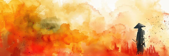 Vibrant celebration of vietnam's national day with traditional silhouettes and watercolor art. Independence Day of Vietnam. Horizontal banner. Copy space. Flag of Vietnam