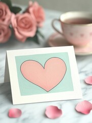 Greeting card with soft pink heart and roses