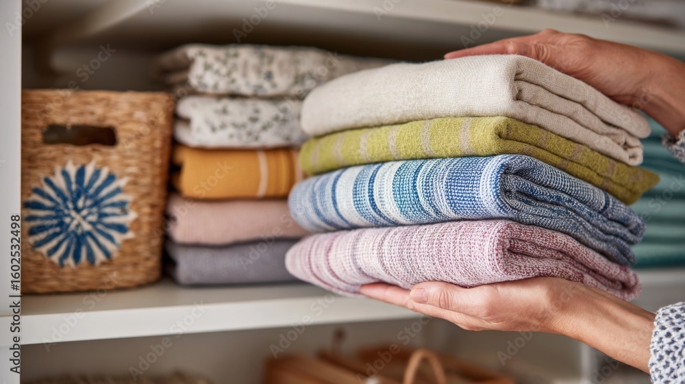 Aufkleber hands carefully arrange folded towels and linens on a shelf in a neat home setting.