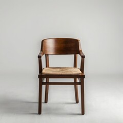 Photo of a wooden armchair with a woven cane seat and back