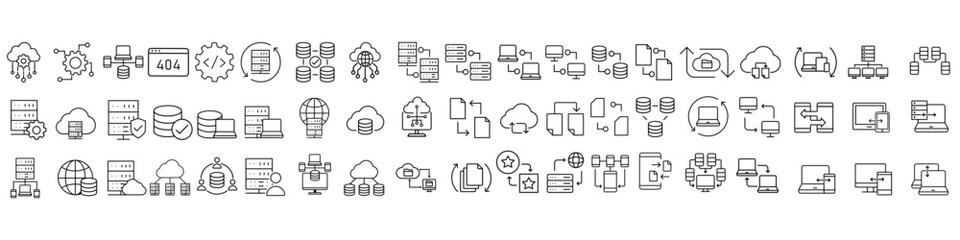 Data center vector icon set. Data analytics illustration sign collection. Server symbol. Hosting web icons. Containing  cloud computing, technology, big data, database and more.
