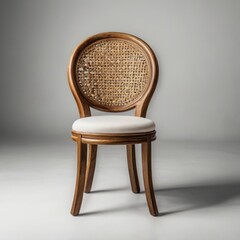 Photo of a wooden chair with a round cane back and white cushion