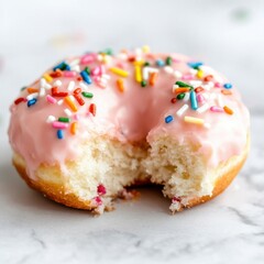 Donut with pink frosting and sprinkles, double bite