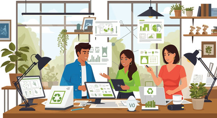 Sustainable business meeting discussing eco friendly product design strategy