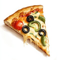 Hand-drawn style pizza slice with olives and peppers