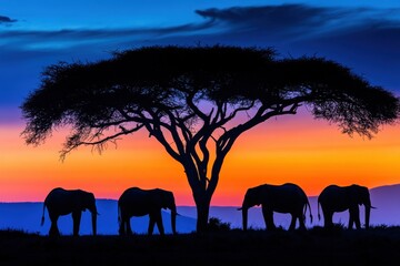 Obraz premium Majestic African elephants and acacia tree silhouetted against vibrant sunset sky in savanna