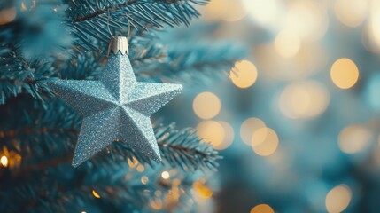 Glittery star Christmas ornament with festive background