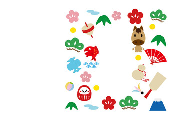 馬キャラクターと縁起物の年賀状イラスト