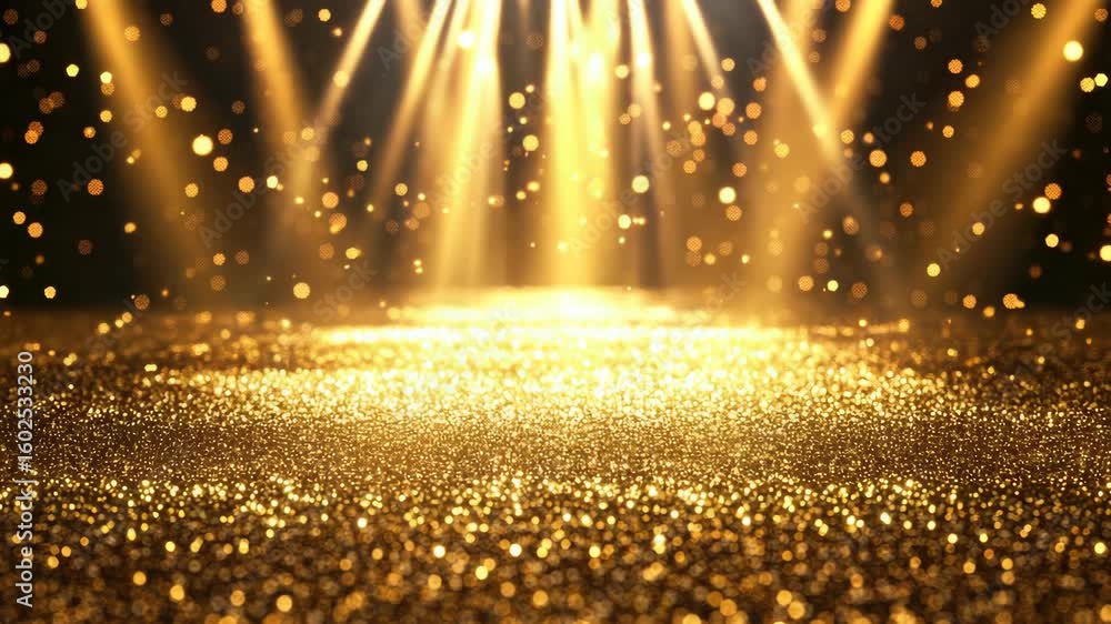 Poster a view of the stage with gold confetti falling from the lights and illuminated by spotlights, creati