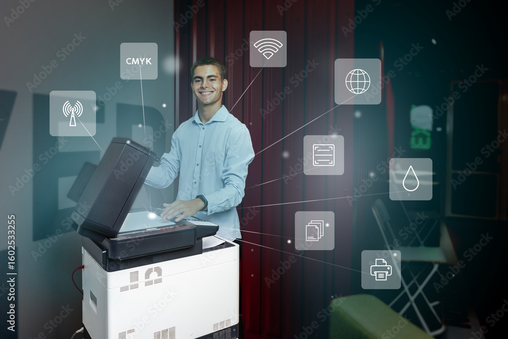 Poster young man using a multifunction printer to scan documents while discussing digital connectivity feat