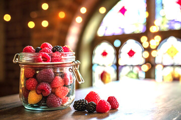 Colorful glass jar with raspberries and bokeh lights in warm cozy setting