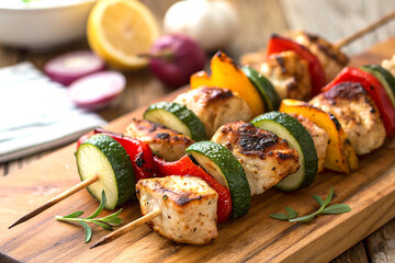 Grilled chicken skewers with veggies on wood in vibrant close-up shot