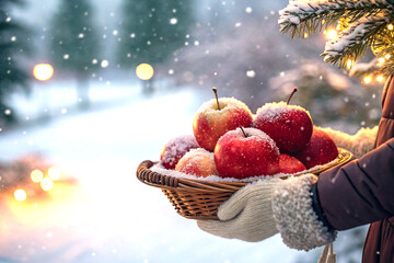 Cozy hand holding apples in snowy winter with warm christmas bokeh glow