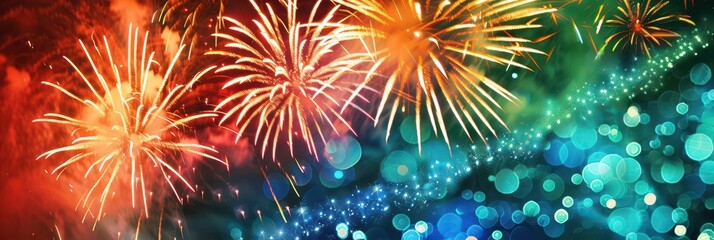 Fototapeta premium Vibrant fireworks display celebrating bulgaria independence day. Horizontal banner. Copy space. Flag of Bulgaria and fireworks