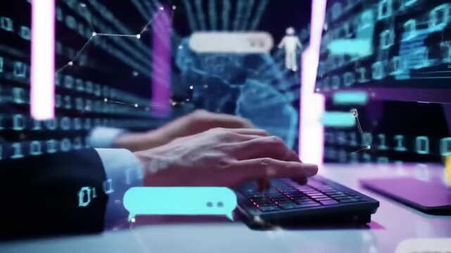 Person typing on a keyboard with overlayed data streams and digital communication - Powered by Adobe