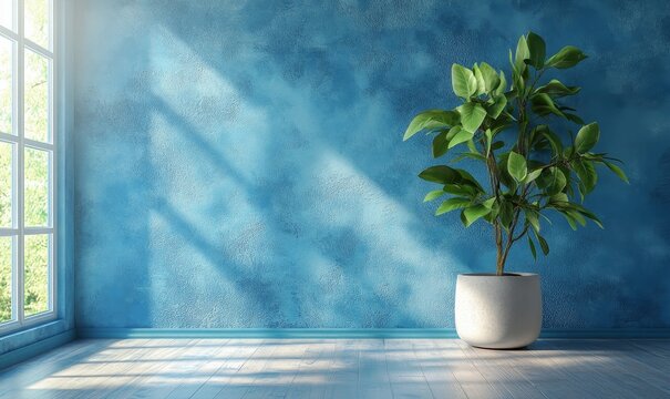 Interior of a room with a blue stucco wall, featuring a plant pot and open space for customization. 3D rendering, Generative AI