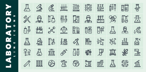 Collection of minimalist laboratory line icons representing scientific research