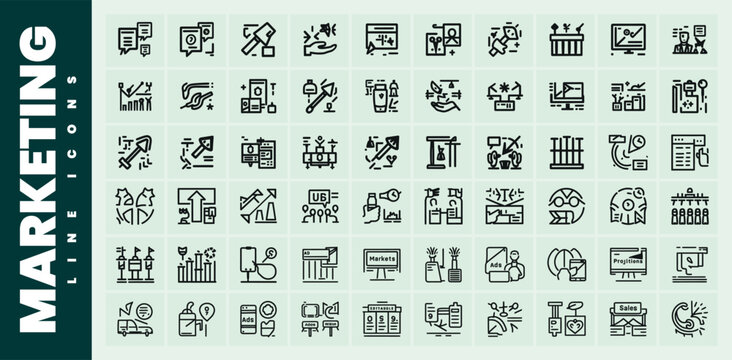 Minimalist marketing line icons representing business strategies and advertising methods