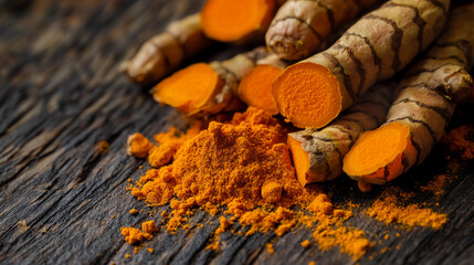 Turmeric curcumin a pile of fresh turmeric roots
