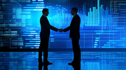 Two executives shaking hands in front of a massive project