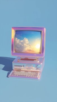 Retro Futuristic Transparent Desktop Computer with Sky and Clouds on Monitor

